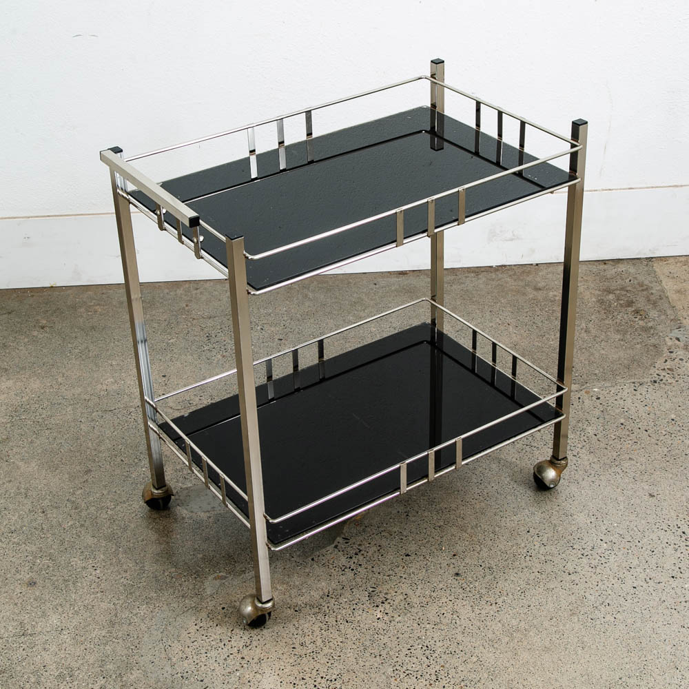 Mid Century Danish Modern Serving Cart Trolley Rolling Bar Glass Chrome Serving