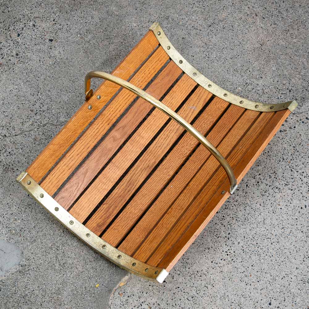 Mid Century Modern Magazine Rack Log Holder Modernist Oak Brass Vintage Handle - Image 2