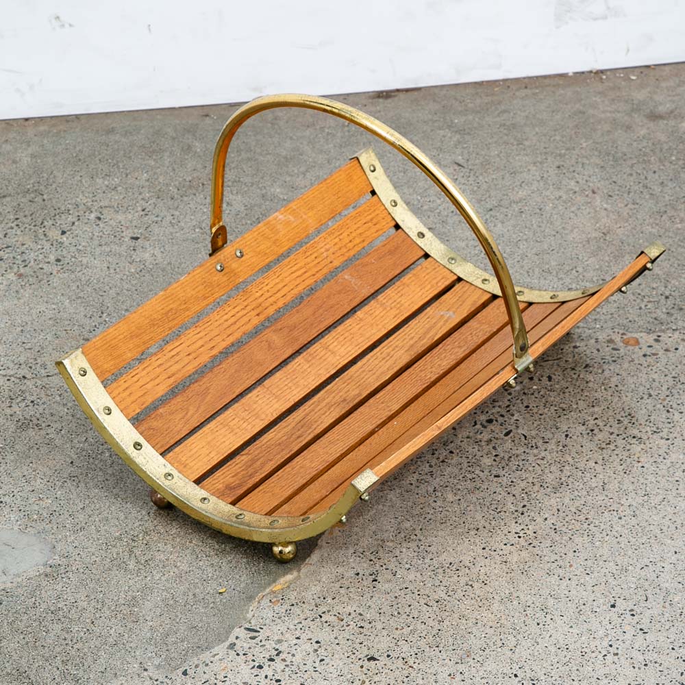 Mid Century Modern Magazine Rack Log Holder Modernist Oak Brass Vintage Handle - Image 5