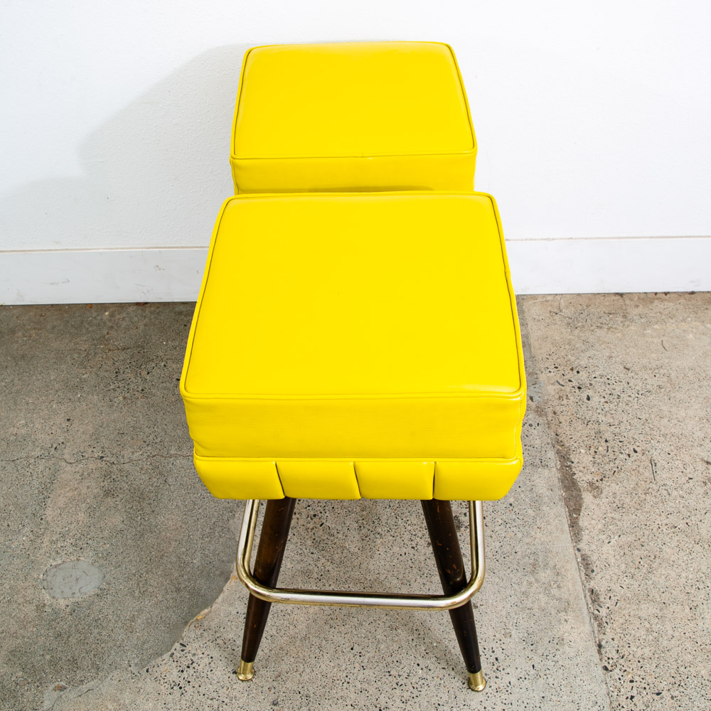 Mid Century Modern Bar Stools Set 2 Yellow Square Vintage Brass Wood 1970s 32" - Image 3