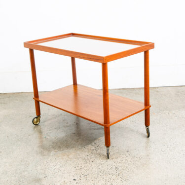 Mid Century Danish Modern Serving Cart Trolley Teak Rolling Bar Glass Serving VG
