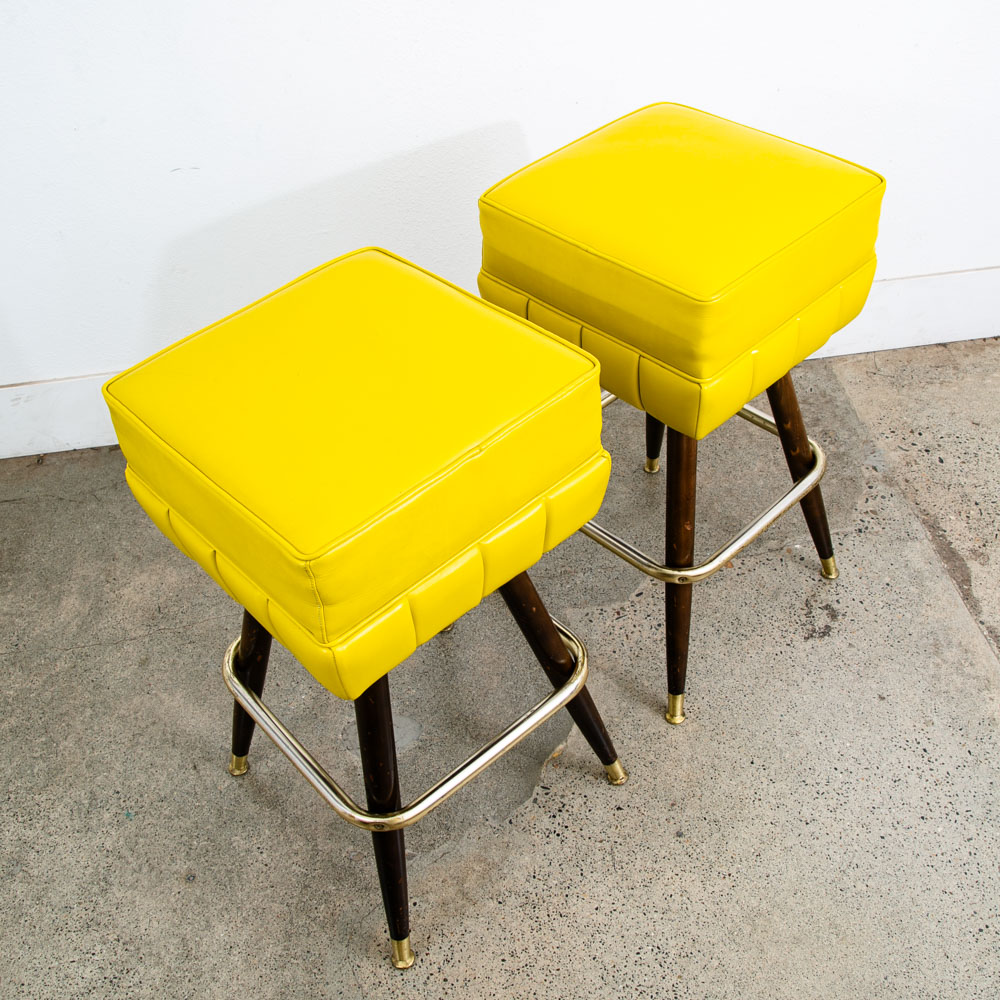 Mid Century Modern Bar Stools Set 2 Yellow Square Vintage Brass Wood 1970s 32" - Image 2