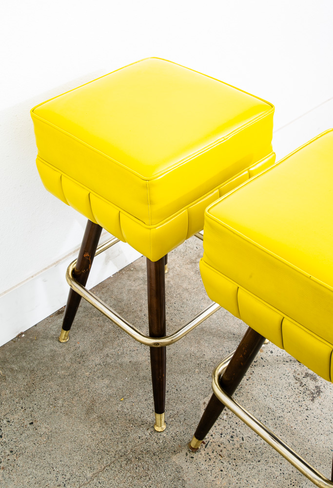 Mid Century Modern Bar Stools Set 2 Yellow Square Vintage Brass Wood 1970s 32" - Image 8