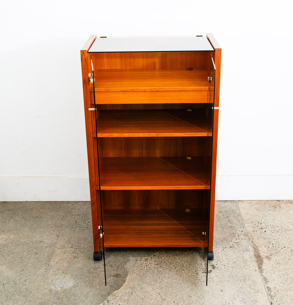Mid Century Modern Stereo Storage Cabinet Teak Smoked Glass Hifi Audio Mcm Brass - Image 2