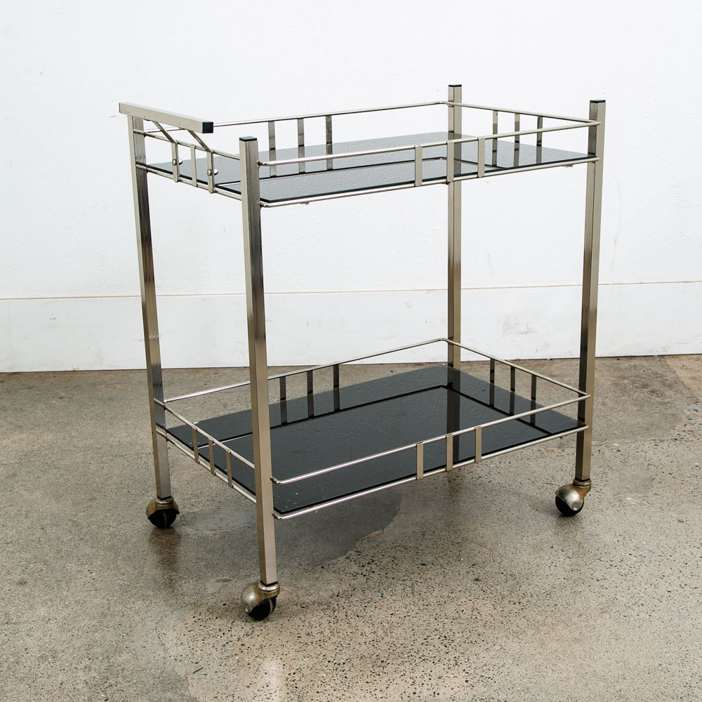 Mid Century Danish Modern Serving Cart Trolley Rolling Bar Glass Chrome Serving - Image 6