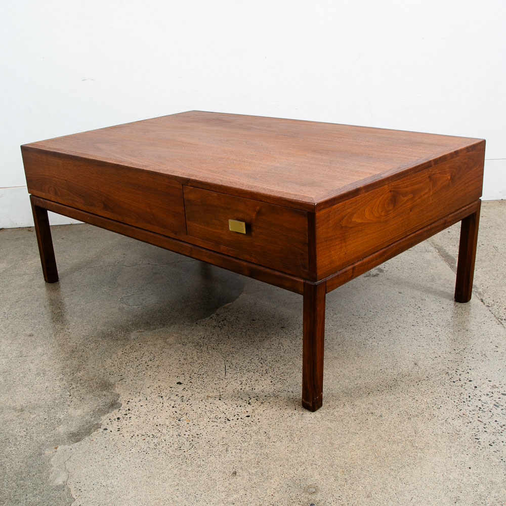 Mid Century Modern Coffee table Two Drawers Storage Walnut Door Restored Brass - Image 9