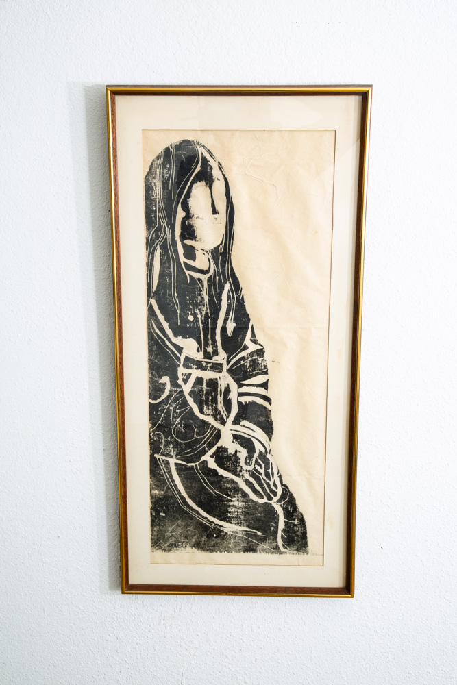 Mid Century Modern Art Print Figure Portrait Black White Sign Signed Mcm Wall