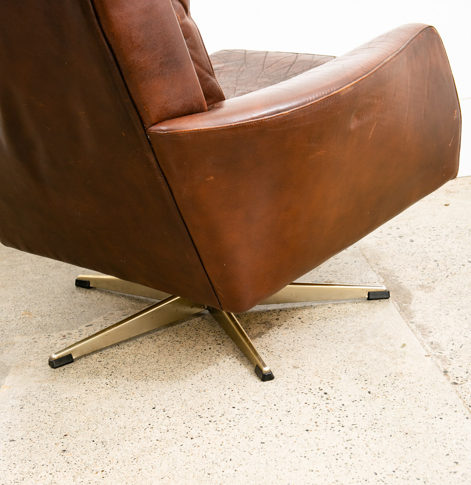 Mid Century Danish Modern Lounge Chair Wingback Brown Leather High Back Armchair - Image 10