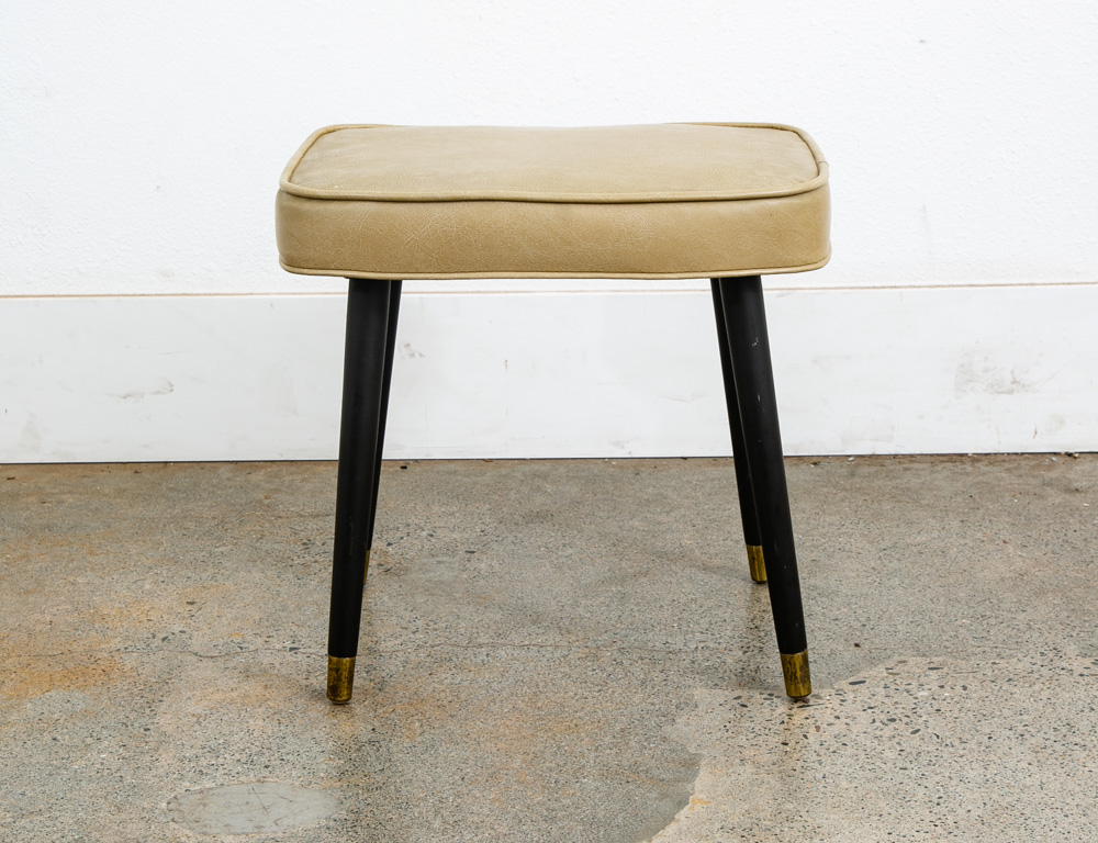 Mid Century Modern Ottoman Stool Tan Wood Vintage Mcm Mcm Black Rectangular - Image 3
