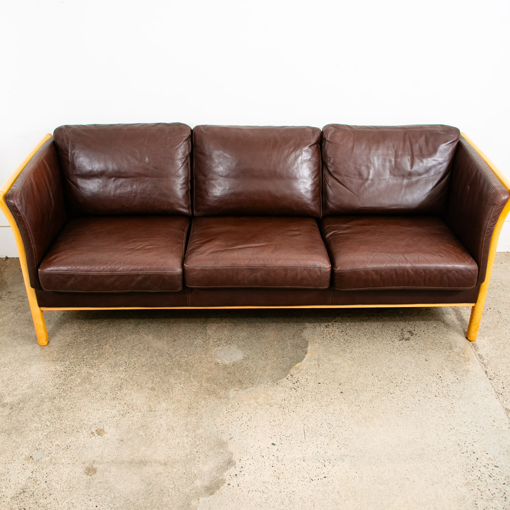 Mid Century Danish Modern Sofa Couch 3 Seater Stouby Worn Leather Brown Denmark - Image 2