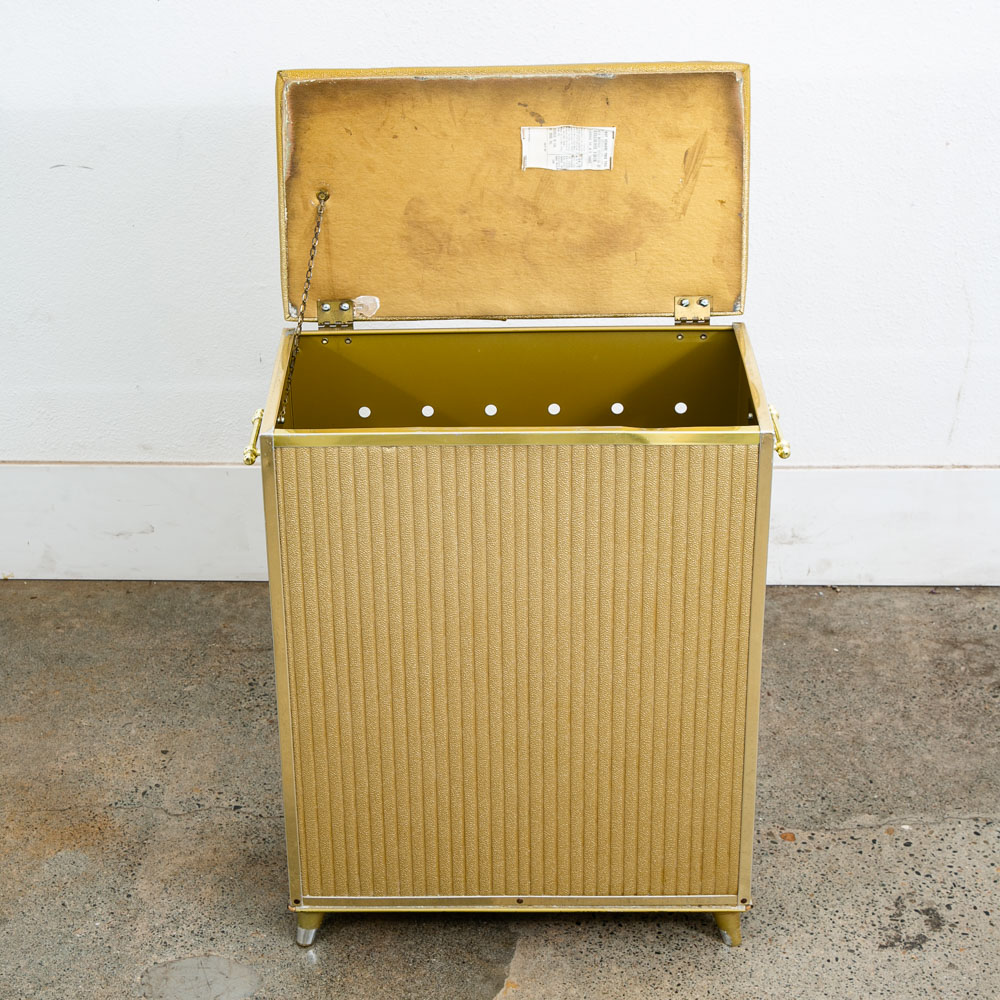 Mid Century Modern Laundry Basket Metal Caddy Gold Vintage Mcm Lift Top Bright - Image 7