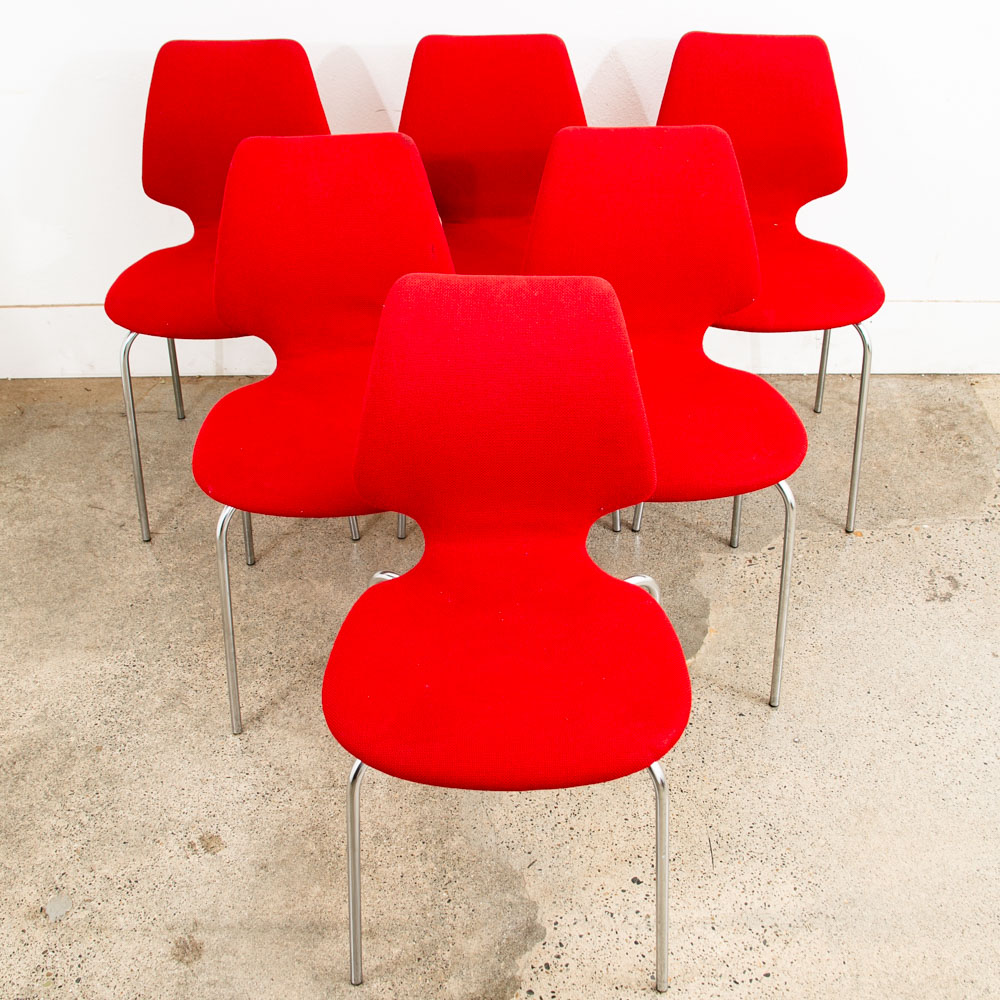 Mid Century Danish Modern Dining Chairs Set 6 Metal Red Denmark Upholstered Mcm - Image 2