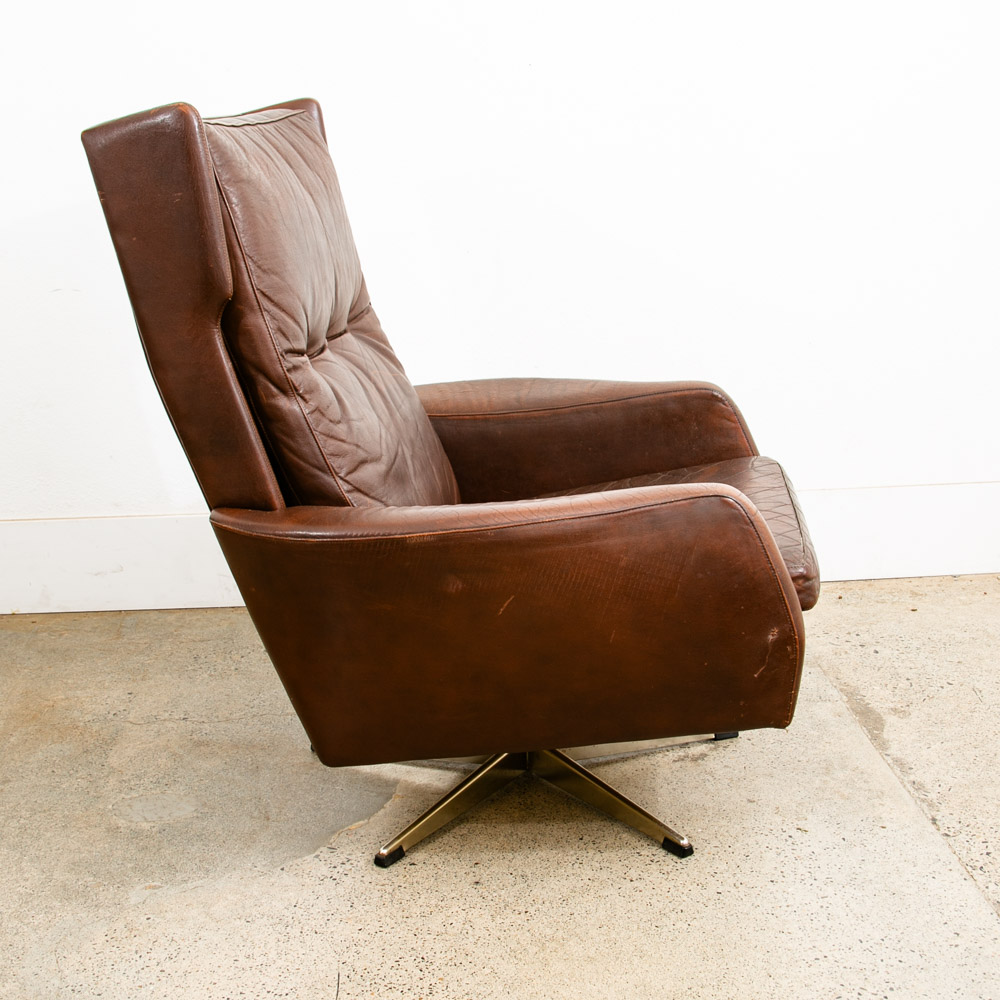 Mid Century Danish Modern Lounge Chair Wingback Brown Leather High Back Armchair - Image 3