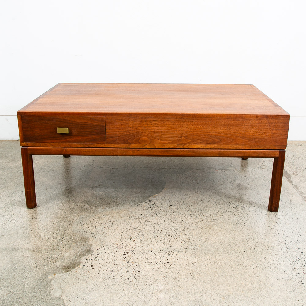 Mid Century Modern Coffee table Two Drawers Storage Walnut Door Restored Brass - Image 2