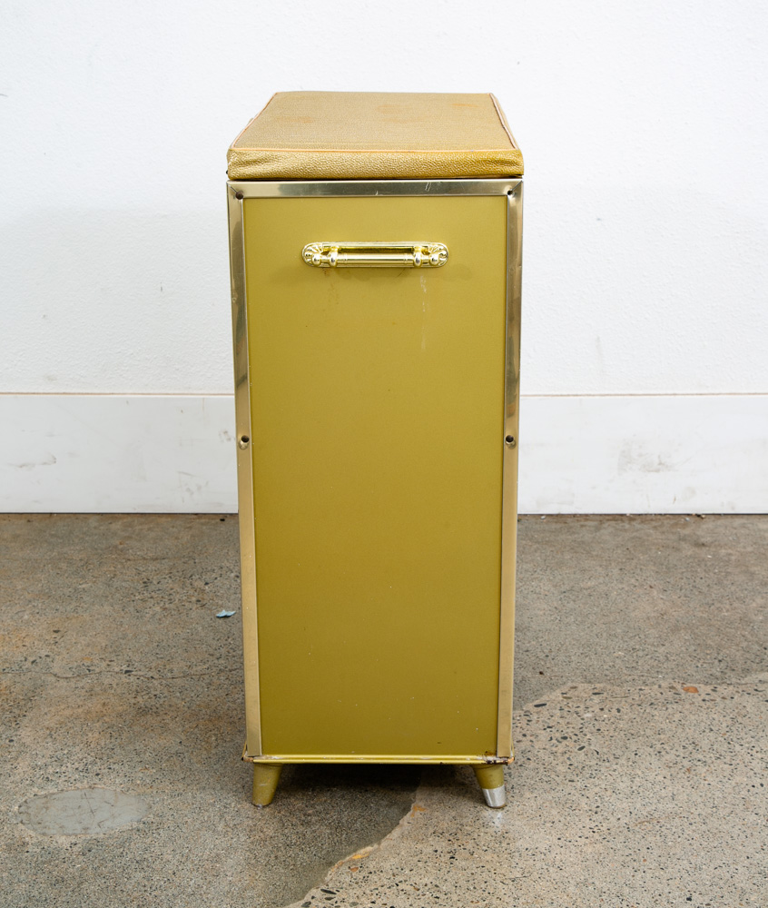 Mid Century Modern Laundry Basket Metal Caddy Gold Vintage Mcm Lift Top Bright - Image 9