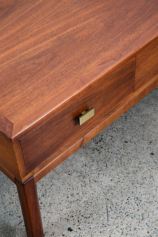 Mid Century Modern Coffee table Two Drawers Storage Walnut Door Restored Brass - Image 10