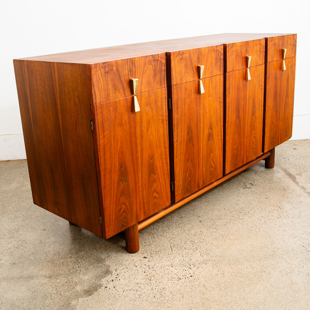Mid Century Modern Credenza Dresser Walnut Brass 12 Drawer Martinsville Doors