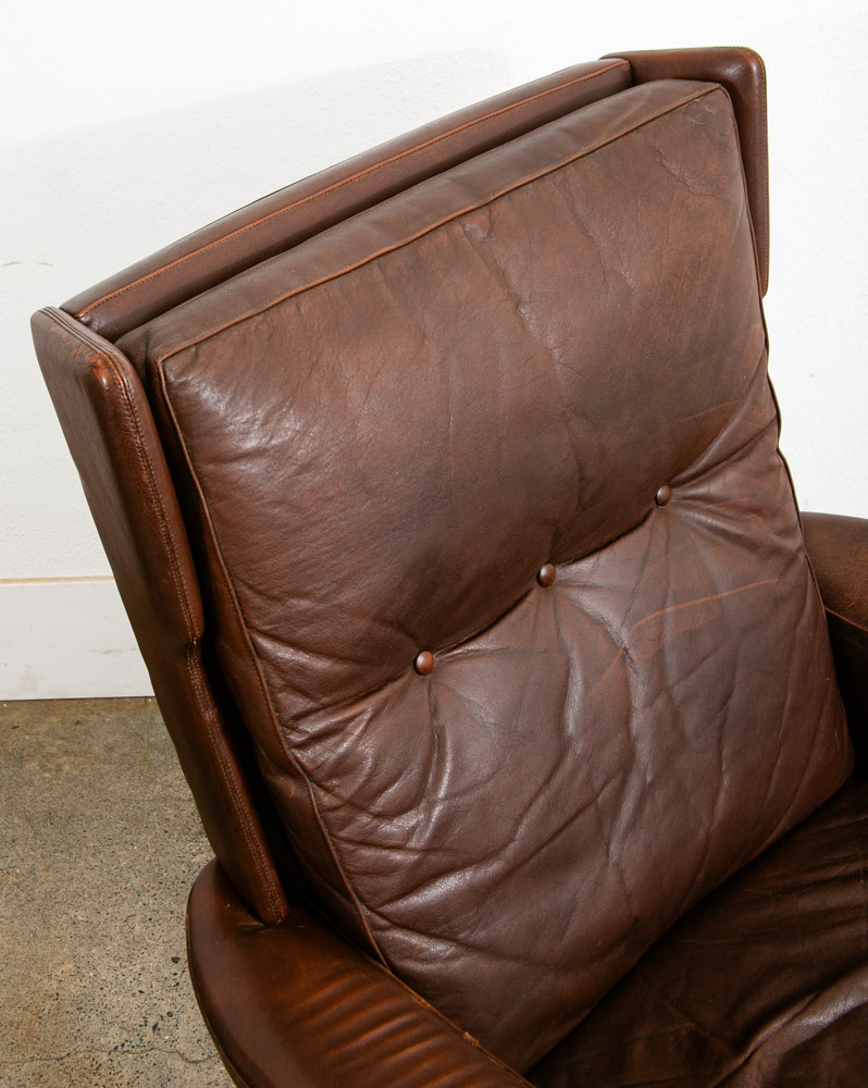 Mid Century Danish Modern Lounge Chair Wingback Brown Leather High Back Armchair - Image 6