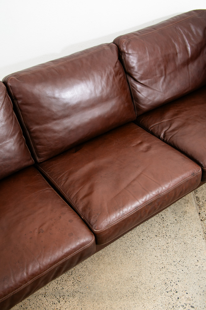Mid Century Danish Modern Sofa Couch 3 Seater Stouby Worn Leather Brown Denmark - Image 10