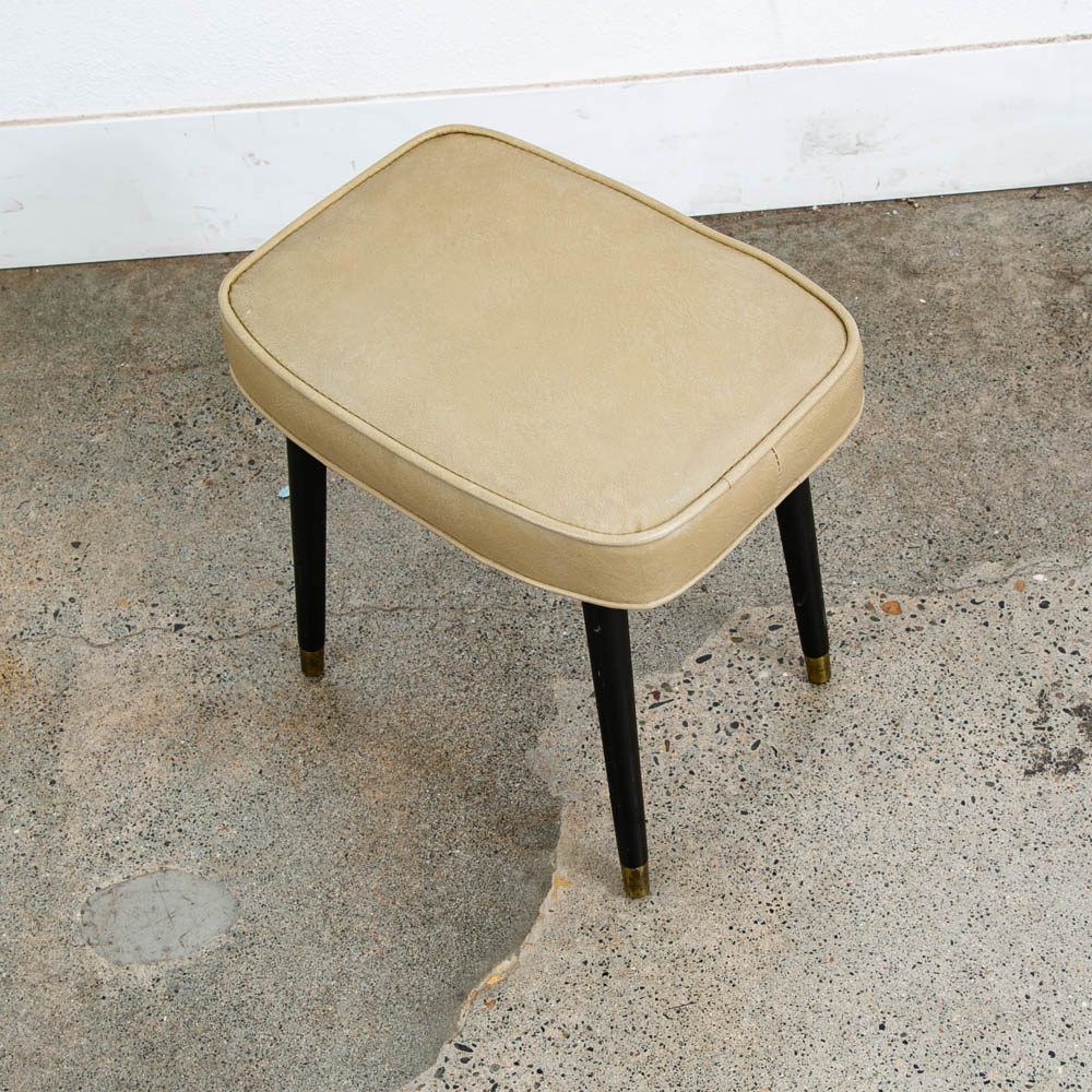 Mid Century Modern Ottoman Stool Tan Wood Vintage Mcm Mcm Black Rectangular - Image 4