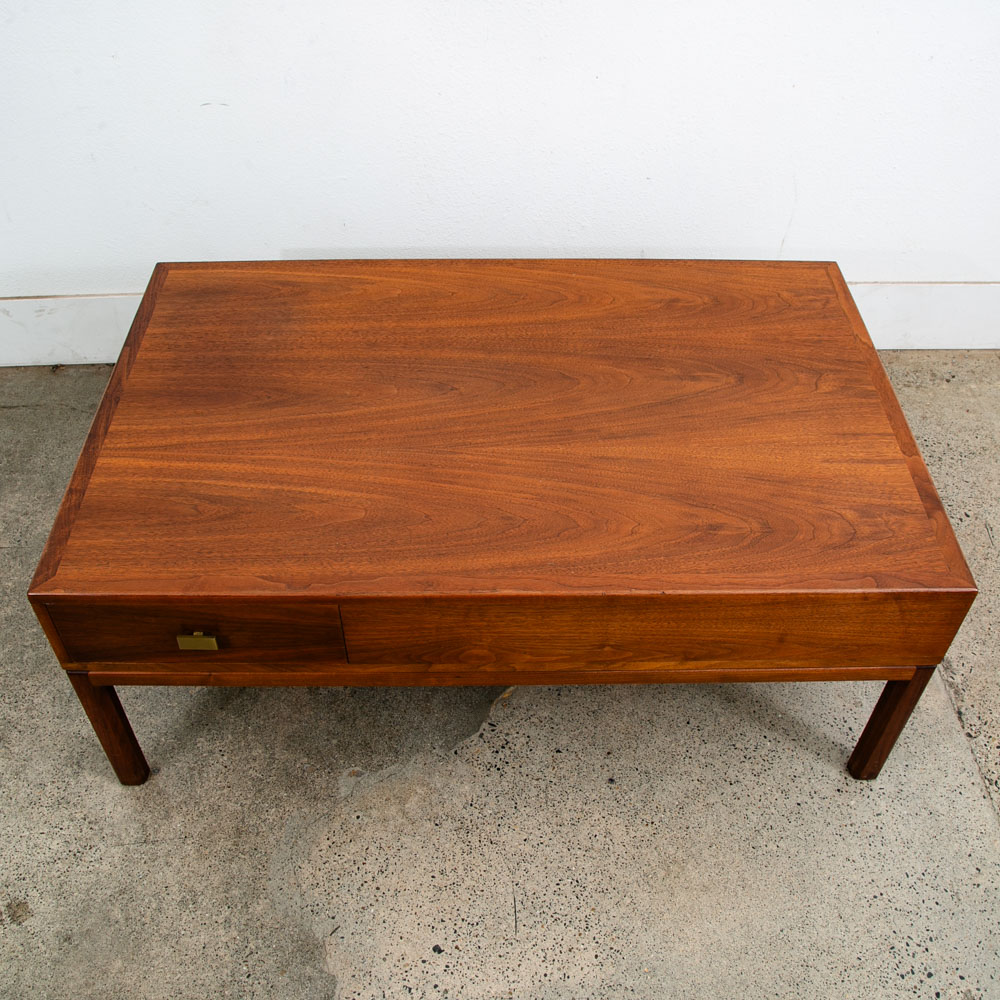 Mid Century Modern Coffee table Two Drawers Storage Walnut Door Restored Brass - Image 6