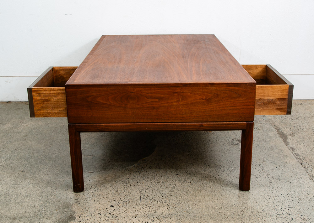 Mid Century Modern Coffee table Two Drawers Storage Walnut Door Restored Brass - Image 8