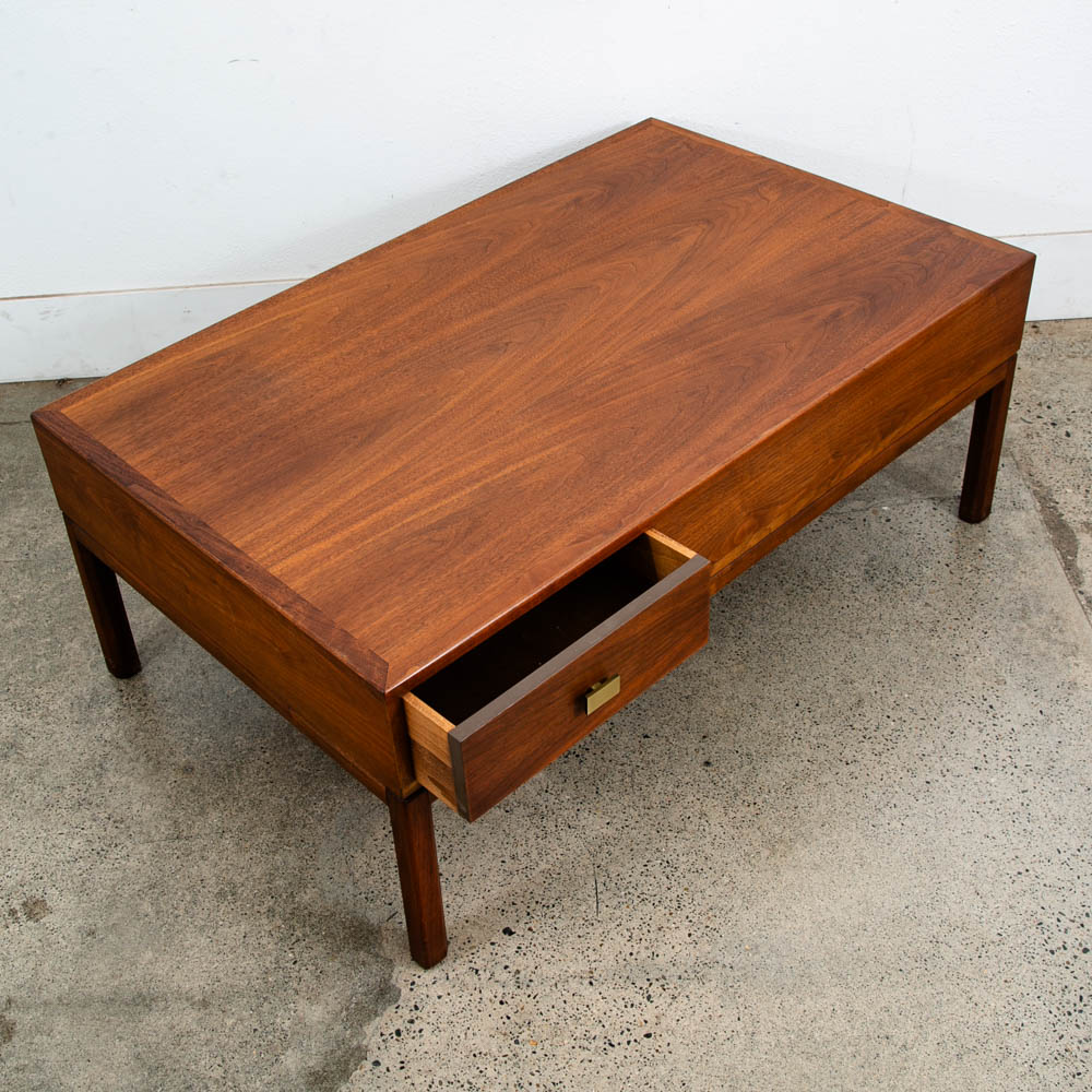 Mid Century Modern Coffee table Two Drawers Storage Walnut Door Restored Brass - Image 4