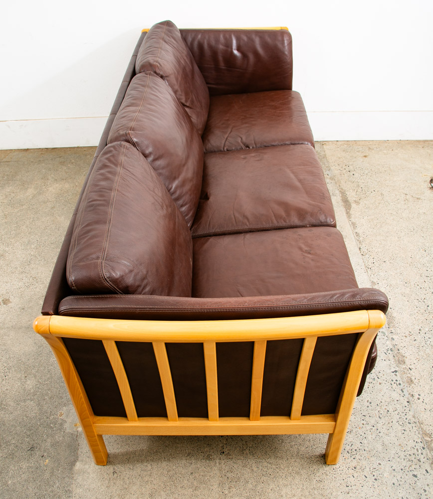 Mid Century Danish Modern Sofa Couch 3 Seater Stouby Worn Leather Brown Denmark - Image 5