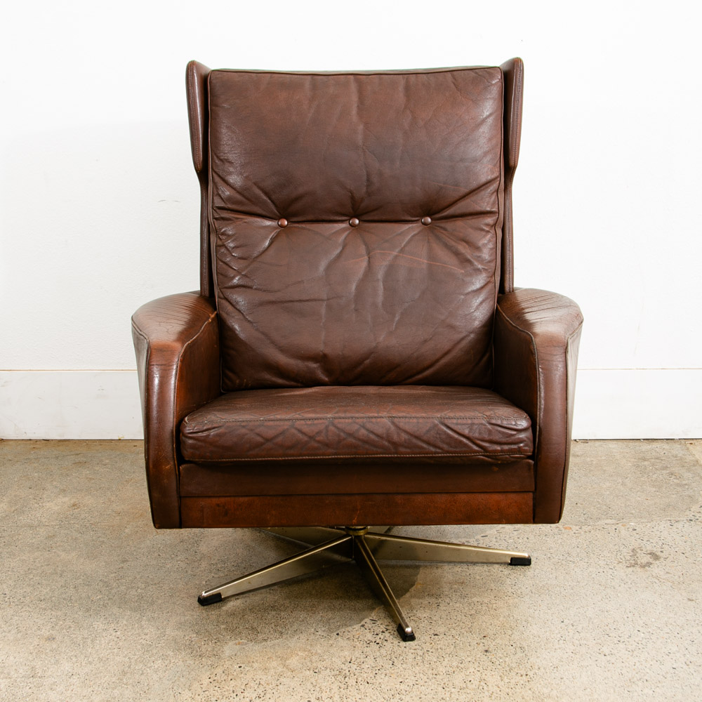Mid Century Danish Modern Lounge Chair Wingback Brown Leather High Back Armchair - Image 2