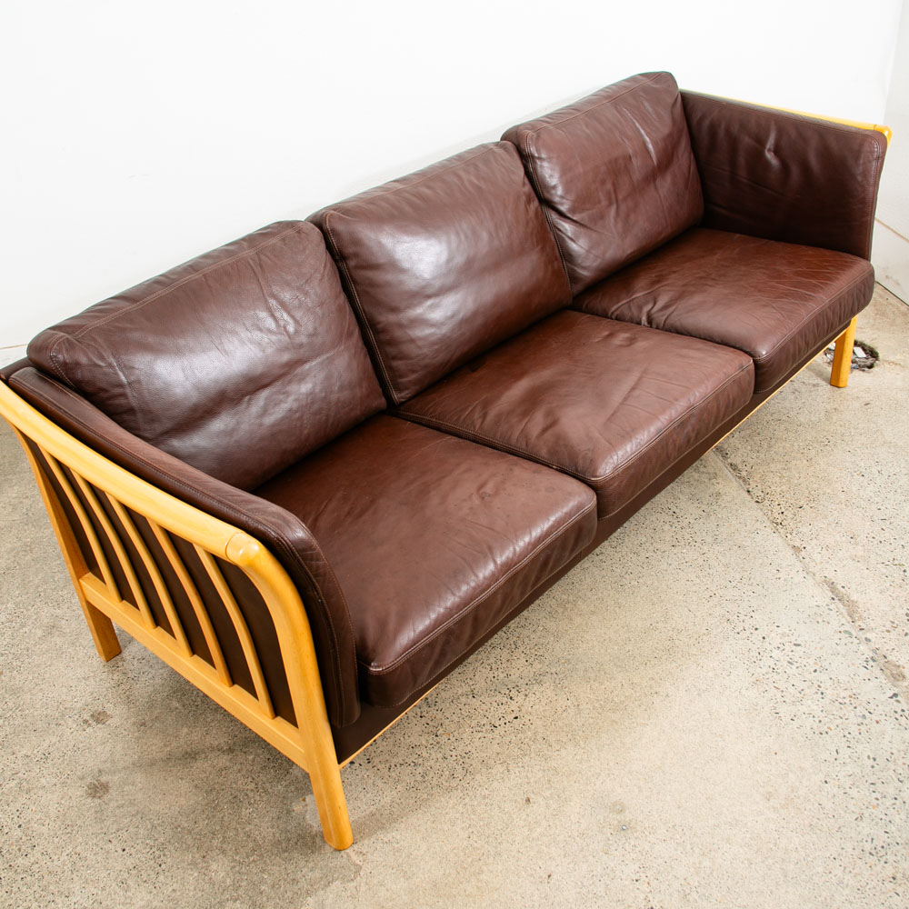 Mid Century Danish Modern Sofa Couch 3 Seater Stouby Worn Leather Brown Denmark - Image 4