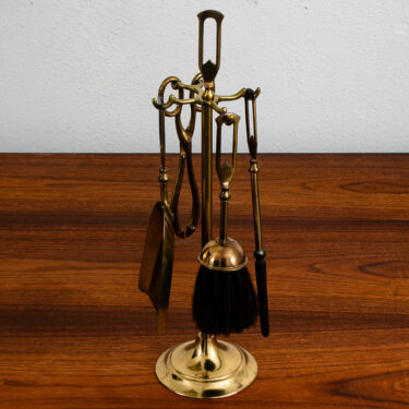 Mid Century Modern Compact Fireplace Tools Brass Patina Vintage Four Piece Set