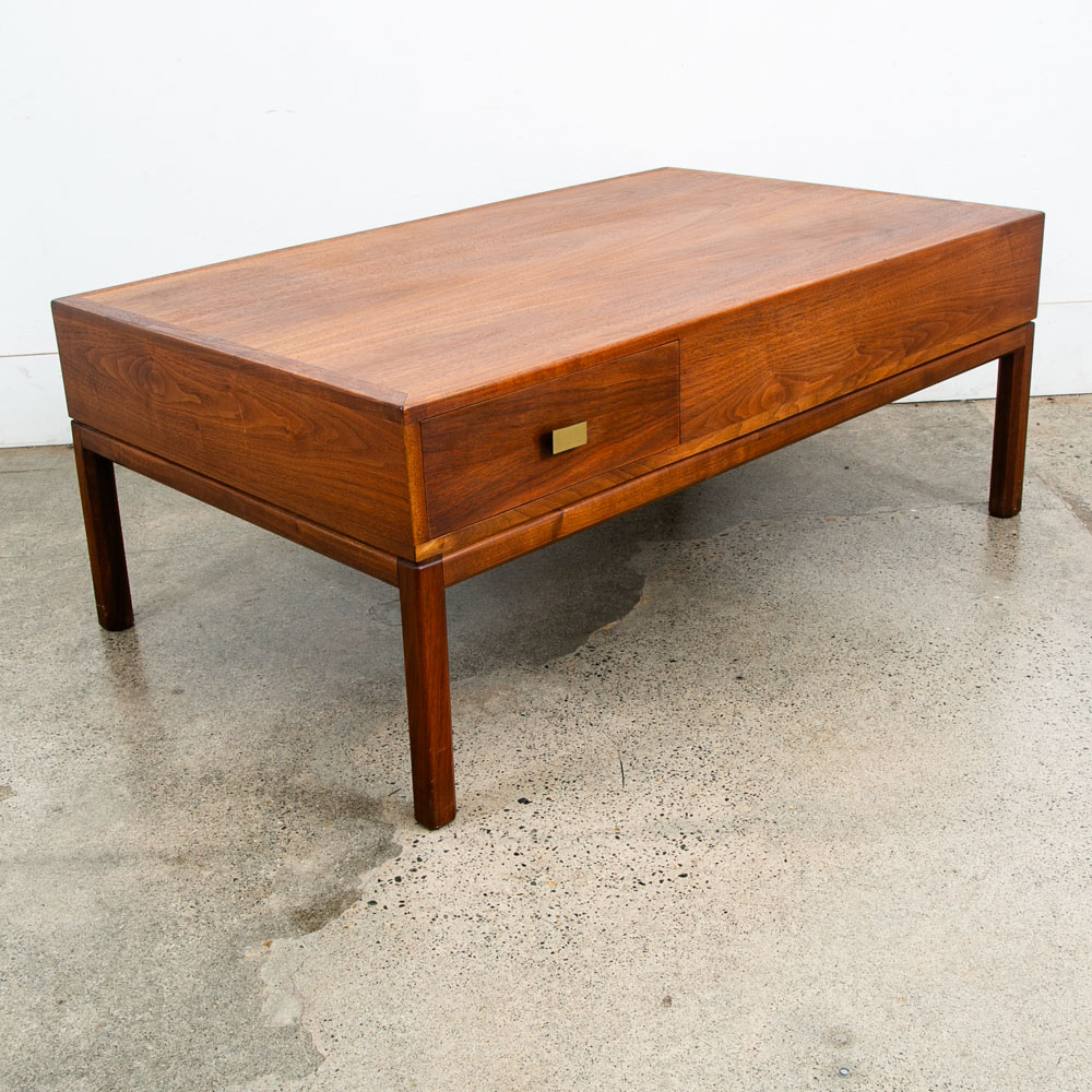 Mid Century Modern Coffee table Two Drawers Storage Walnut Door Restored Brass - Image 5