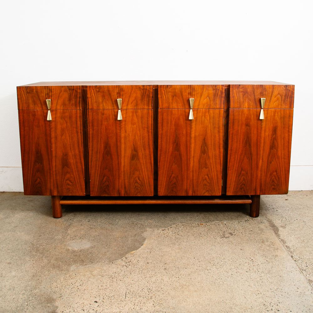 Mid Century Modern Credenza Dresser Walnut Brass 12 Drawer Martinsville Doors - Image 2
