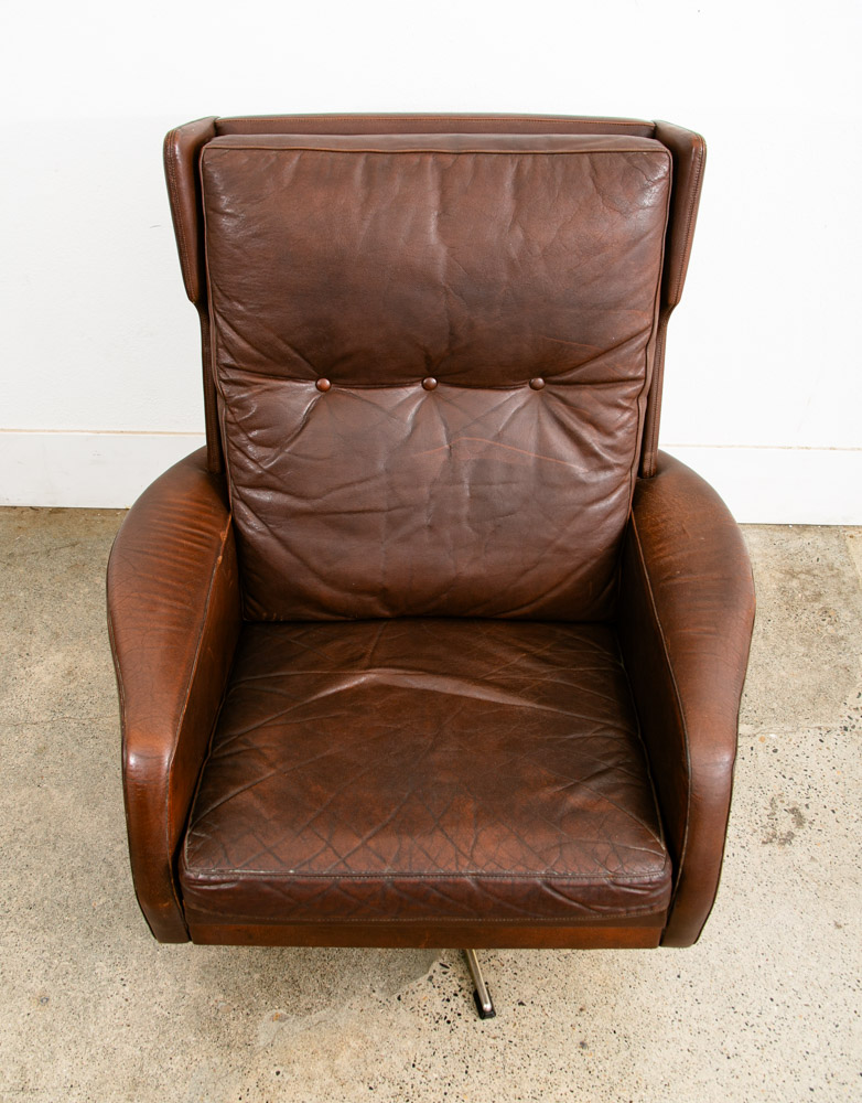 Mid Century Danish Modern Lounge Chair Wingback Brown Leather High Back Armchair - Image 7
