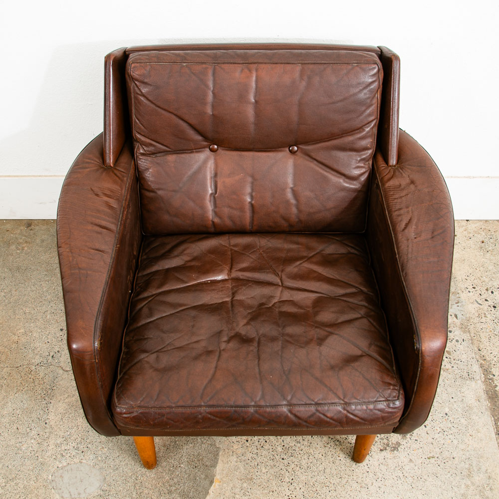 Mid Century Danish Modern Lounge Chair Brown Leather Armchair Legs Denmark Mcm - Image 4