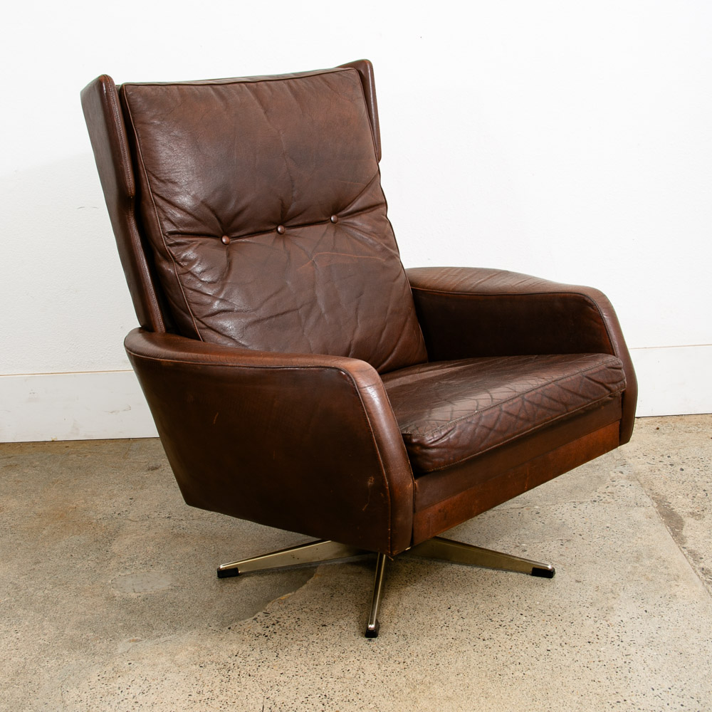 Mid Century Danish Modern Lounge Chair Wingback Brown Leather High Back Armchair