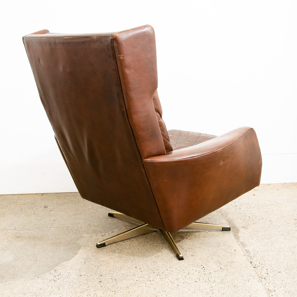 Mid Century Danish Modern Lounge Chair Wingback Brown Leather High Back Armchair - Image 4
