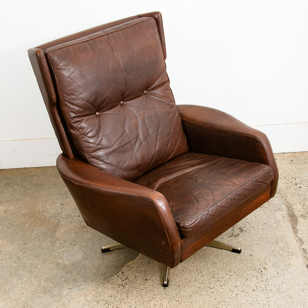 Mid Century Danish Modern Lounge Chair Wingback Brown Leather High Back Armchair - Image 5