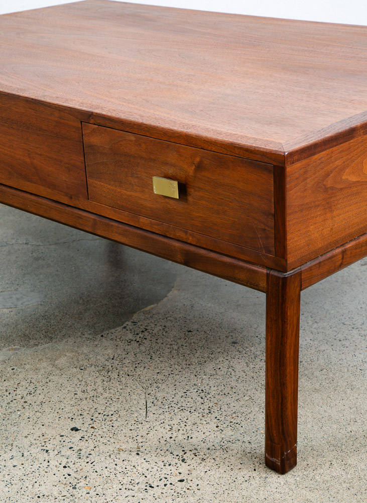 Mid Century Modern Coffee table Two Drawers Storage Walnut Door Restored Brass - Image 12