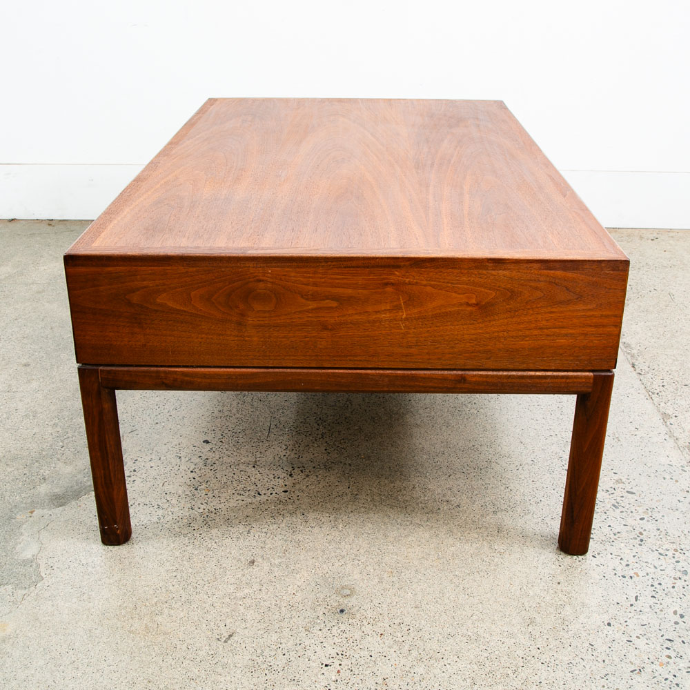 Mid Century Modern Coffee table Two Drawers Storage Walnut Door Restored Brass - Image 3