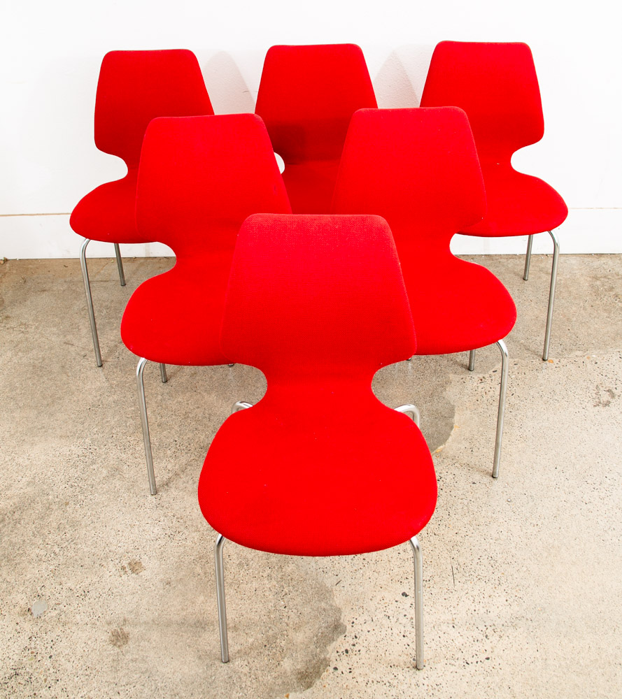 Mid Century Danish Modern Dining Chairs Set 6 Metal Red Denmark Upholstered Mcm