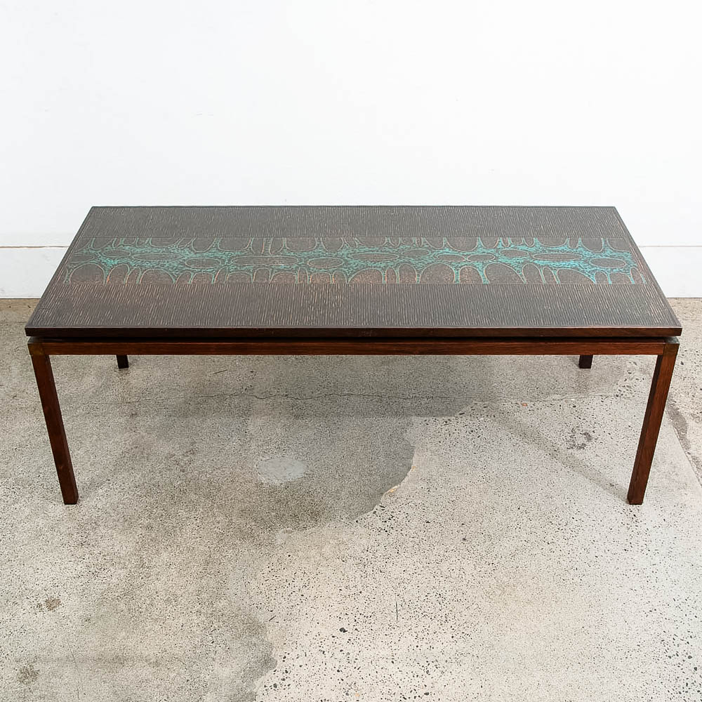 Mid Century Danish Modern Coffee Table Rosewood Copper Etched John Morkegaard - Image 3