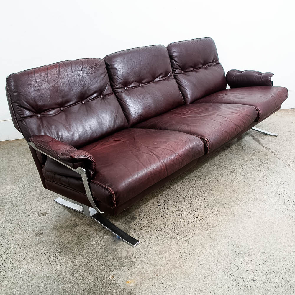 Mid Century Danish Modern Sofa Couch Burgundy Chrome Leather Arne Norell 3 Seat