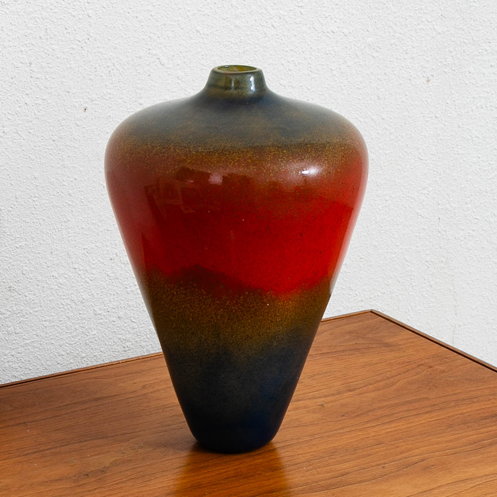 Mid Century Modern Studio Glass Vase Blue Red and Yellow 70s Handblown Flower Vase