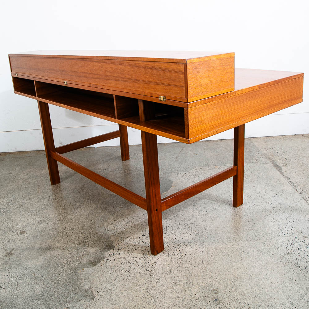 Mid Century Danish Modern Desk Executive Flip Top Nielsen Lovig Teak Wood Brass - Image 5