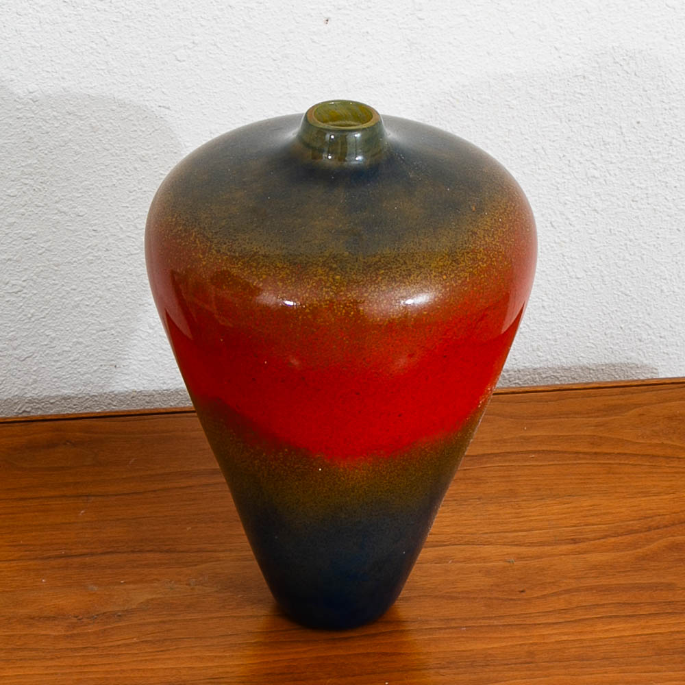 Mid Century Modern Studio Glass Vase Blue Red and Yellow 70s Handblown Flower Vase - Image 5
