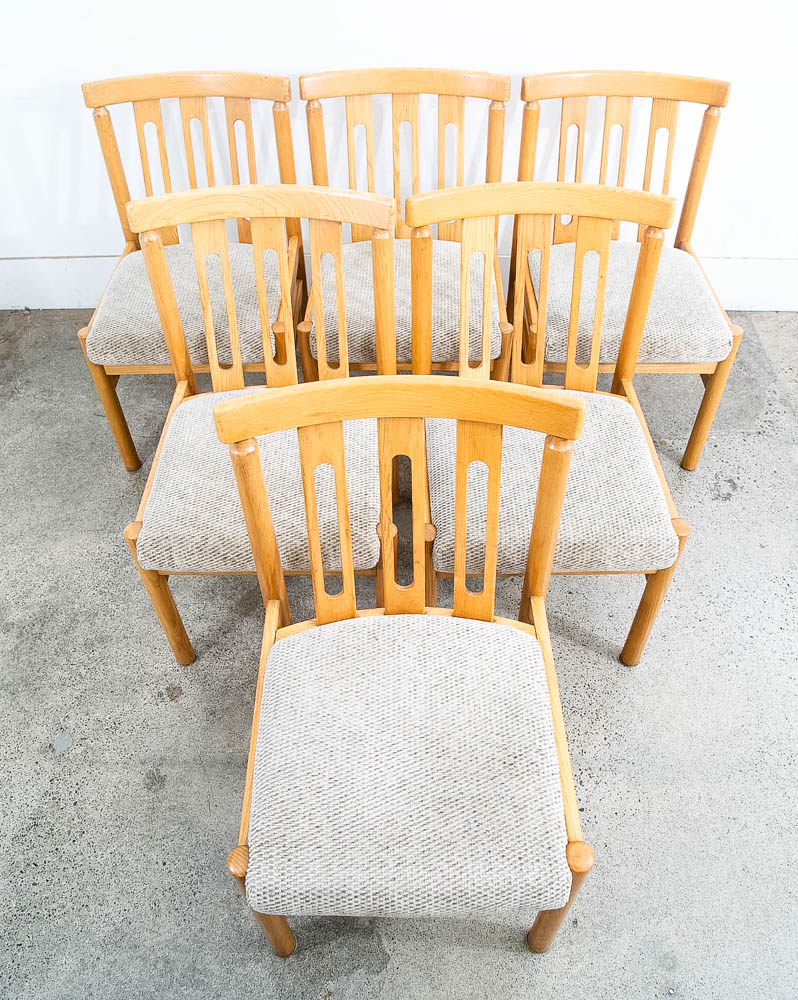 Mid Century Modern Dining Chairs Set 6 Oatmeal Tweed Solid Wood Vintage Fabric - Image 7