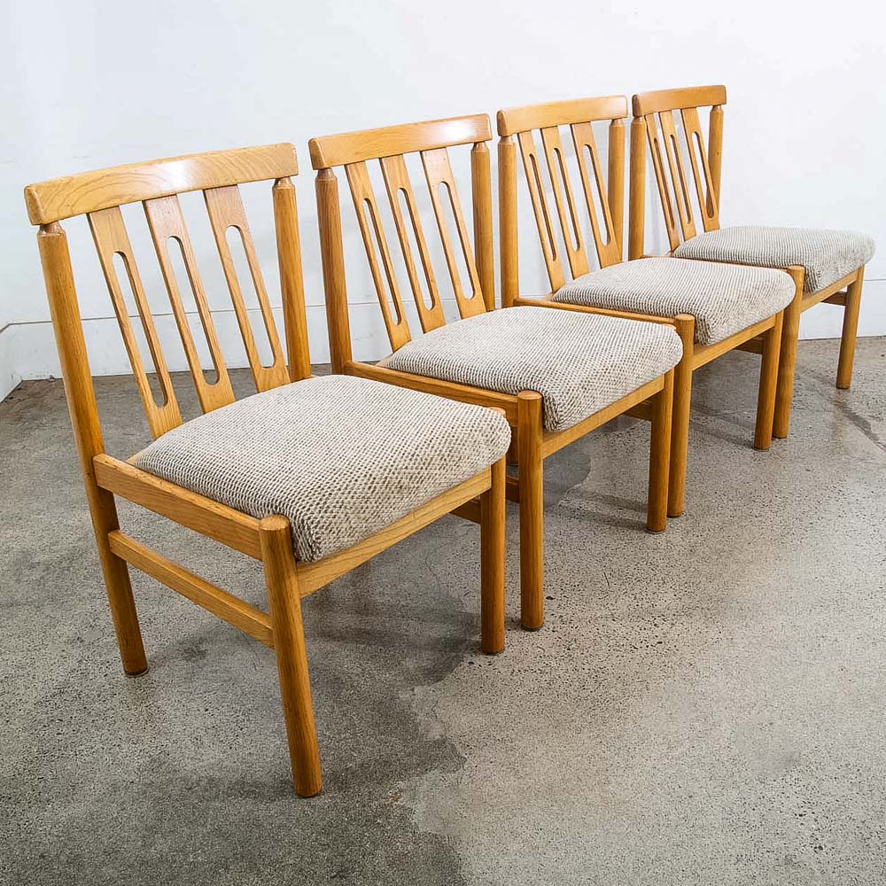 Mid Century Modern Dining Chairs Set 6 Oatmeal Tweed Solid Wood Vintage Fabric - Image 2