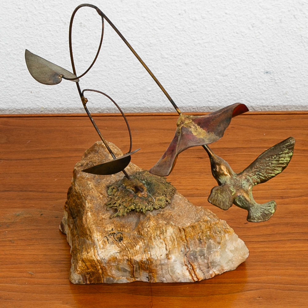 Mid Century Modern Brass Metal Humming Bird and Flower Statue by Unknown Artist - Image 7
