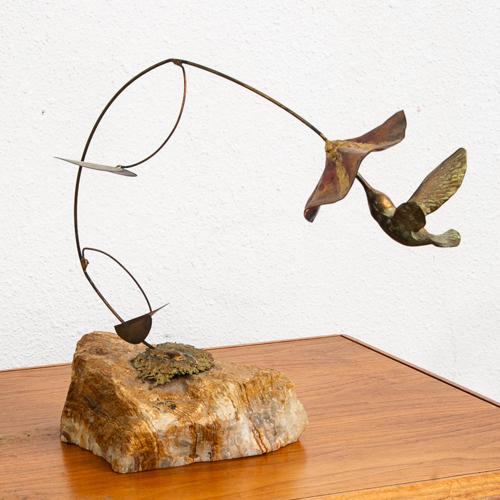 Mid Century Modern Brass Metal Humming Bird and Flower Statue by Unknown Artist